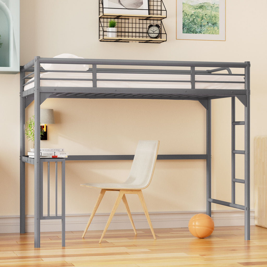 Leoglint Twin Metal loft Bed Frame with Desk, Ladder and Guardrails, bookdesk under bed, Silver