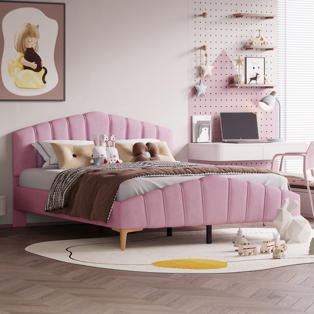 Queen Size Velvet Platform Bed Frame with Thick Fabric, Stylish Stripe Decorated Bedboard and Elegant Metal Bed Leg, Pink