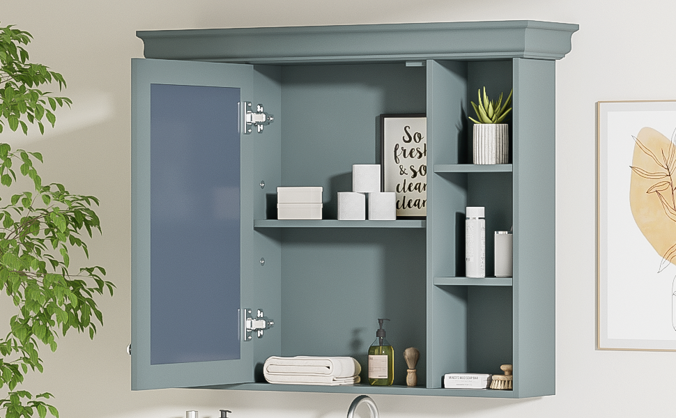 Leoglint 35'' x 28'' Blue Wall Mounted Bathroom Storage Cabinet with Mirror Door, Modern Bathroom Wall Cabinet with Mirror, Medicine Cabinet with 6 Open Shelves