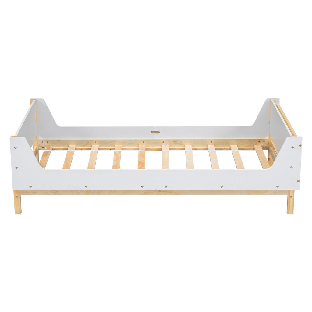 Twin Bed Frame with Headboard, Footboard, Safeguards,  Built-in Bed-end Book Storage Rack ,White