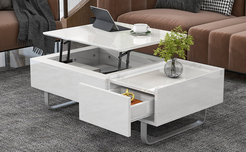 Leoglint [VIDEO provided] ON-TREND Multi-functional Coffee Table with Lifted Tabletop, Contemporary Cocktail Table with Metal Frame Legs, High-gloss Surface Dining Table for Living Room, White