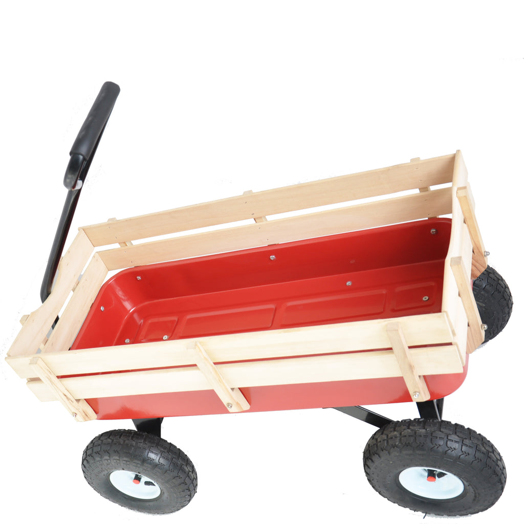 Leoglint Outdoor Wagon All Terrain Pulling Wood Railing Air Tires  Garden cart (Red+white)