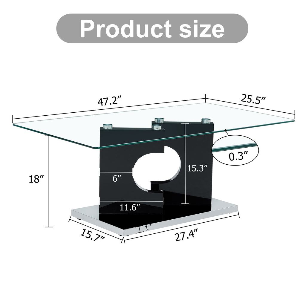 Leoglint A rectangular modern and fashionable coffee table with tempered glass tabletop and black MDF legs. Suitable for living room.47.2"*25.5"*18"