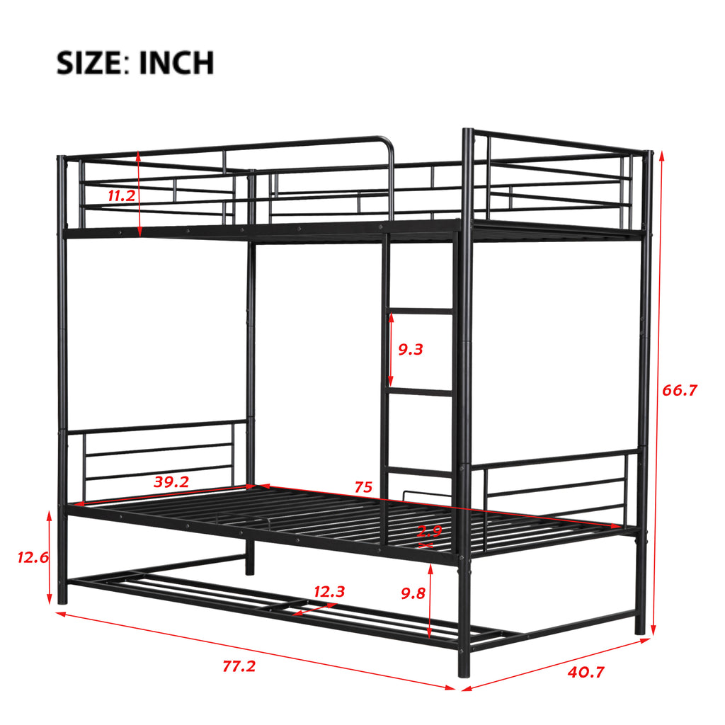 Leoglint Twin Over Twin Metal Bunk Bed Frame with Shelf and Guardrails, Black