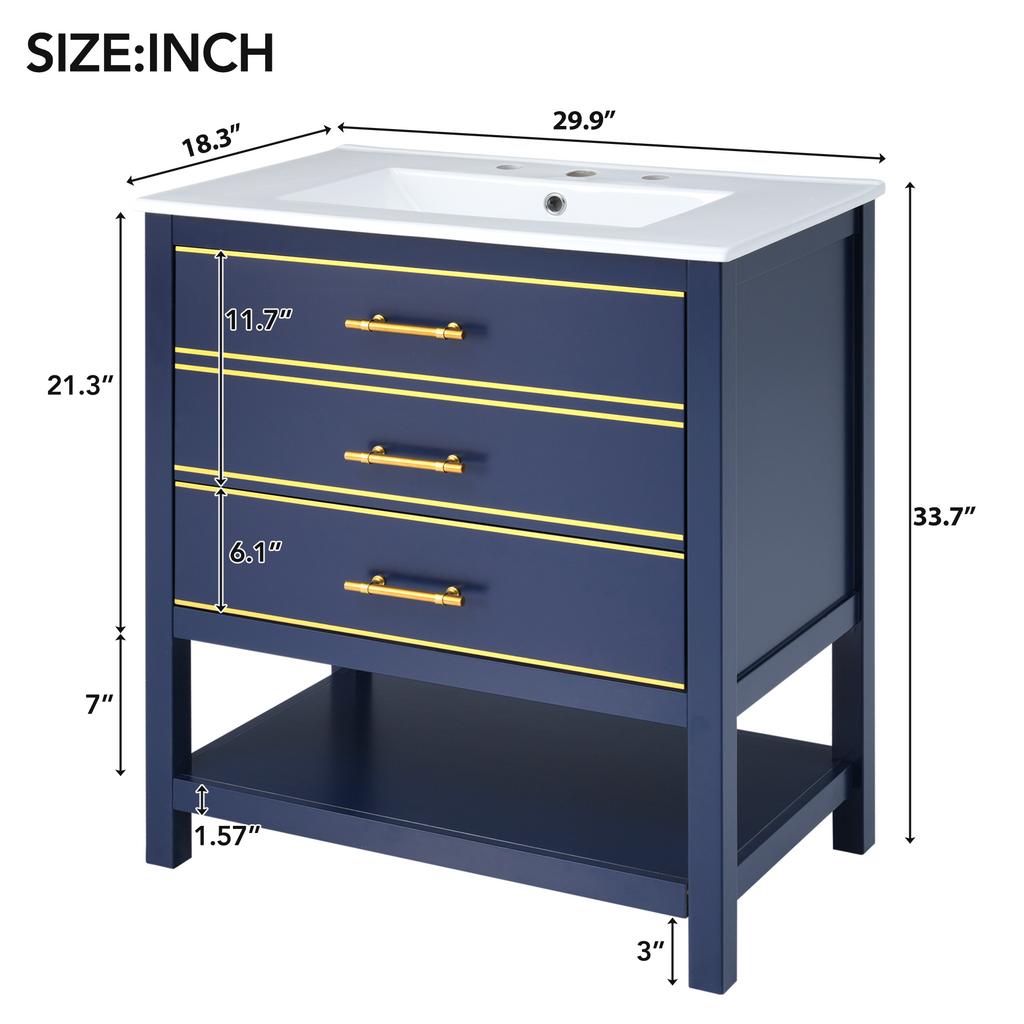 Leoglint [Viedo]Modern 30inch Navy Blue/White Bathroom Vanity Cabinet Combo with OpenStorge, Two Drawers