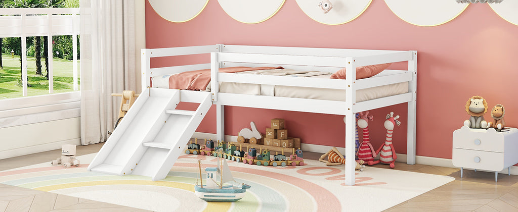 Twin Low Loft Bed Frame with Slide,  Ladder, Safety Guardrails, No Box Spring Needed,White