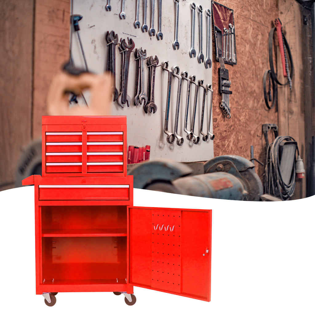 Leoglint Detachable 5 Drawer Tool Chest with Bottom Cabinet and One Adjustable Shelf--Red