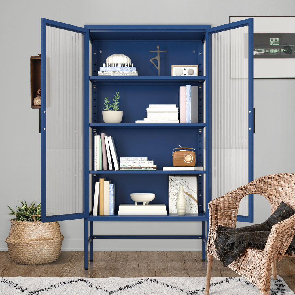 Leoglint Double Glass Door Storage Cabinet with Adjustable Shelves and Feet Cold-Rolled Steel Sideboard Furniture for Living Room Kitchen BLUE