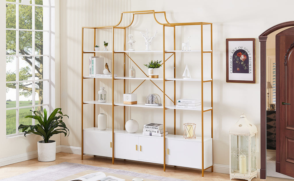 Leoglint 78 Inch 4 Tiers Home Office Bookcase Bookshelf, Storage Cabinet Display Shelf, X Bar Gold Frame