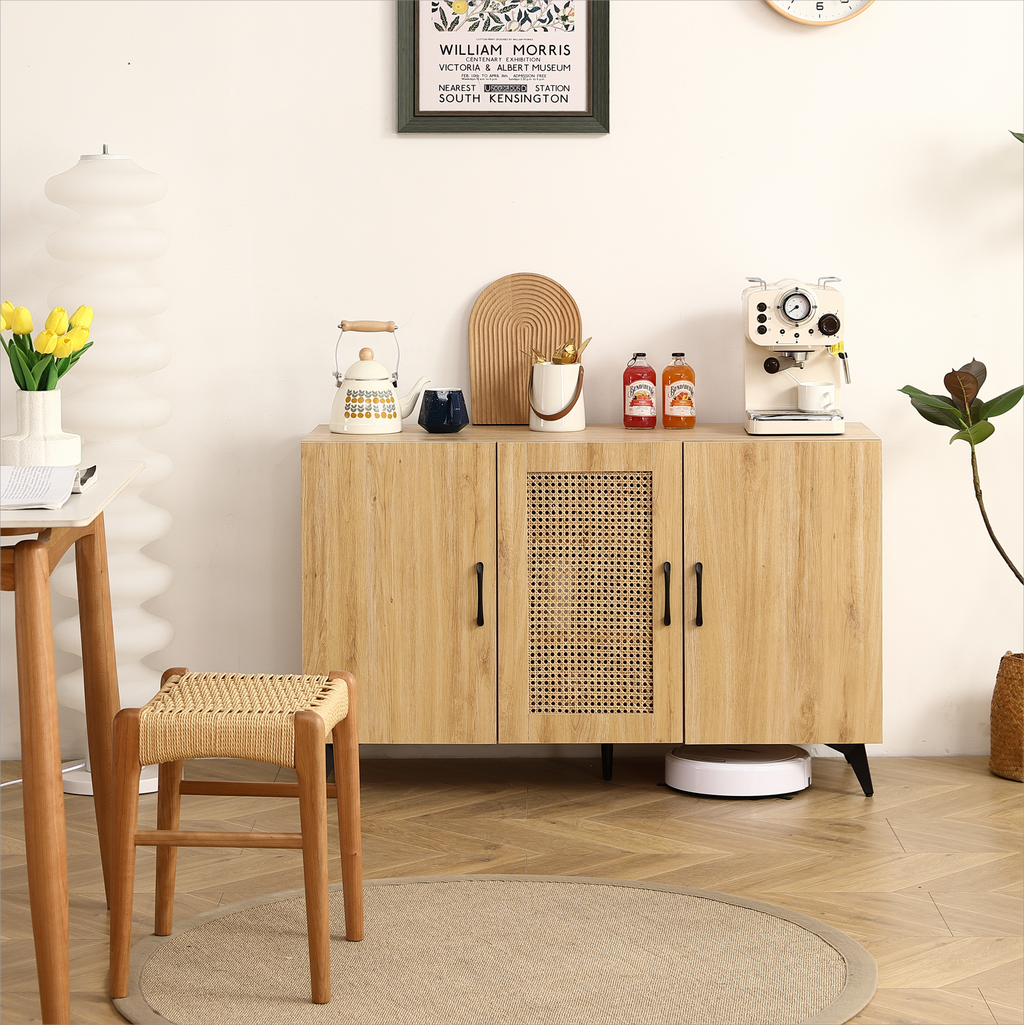 Leoglint Sideboard Three-Door Cabinet with Natural  Rattan Mesh - Large Storage Space, Kitchen Storage Cabinet .Stable and Durable Structure, Perfect for Living Rooms or Restaurants  45.3inch