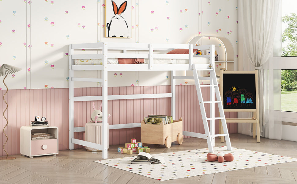 Leoglint Twin Size High Loft Bed Frame with inclined Ladder, Guardrails,White