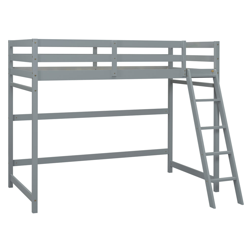 Leoglint Twin Size High Loft Bed Frame with inclined Ladder, Guardrails,Grey