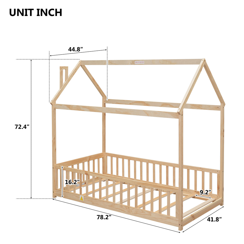 Twin House Bed Frame with Guardrails, Slats ,Natural