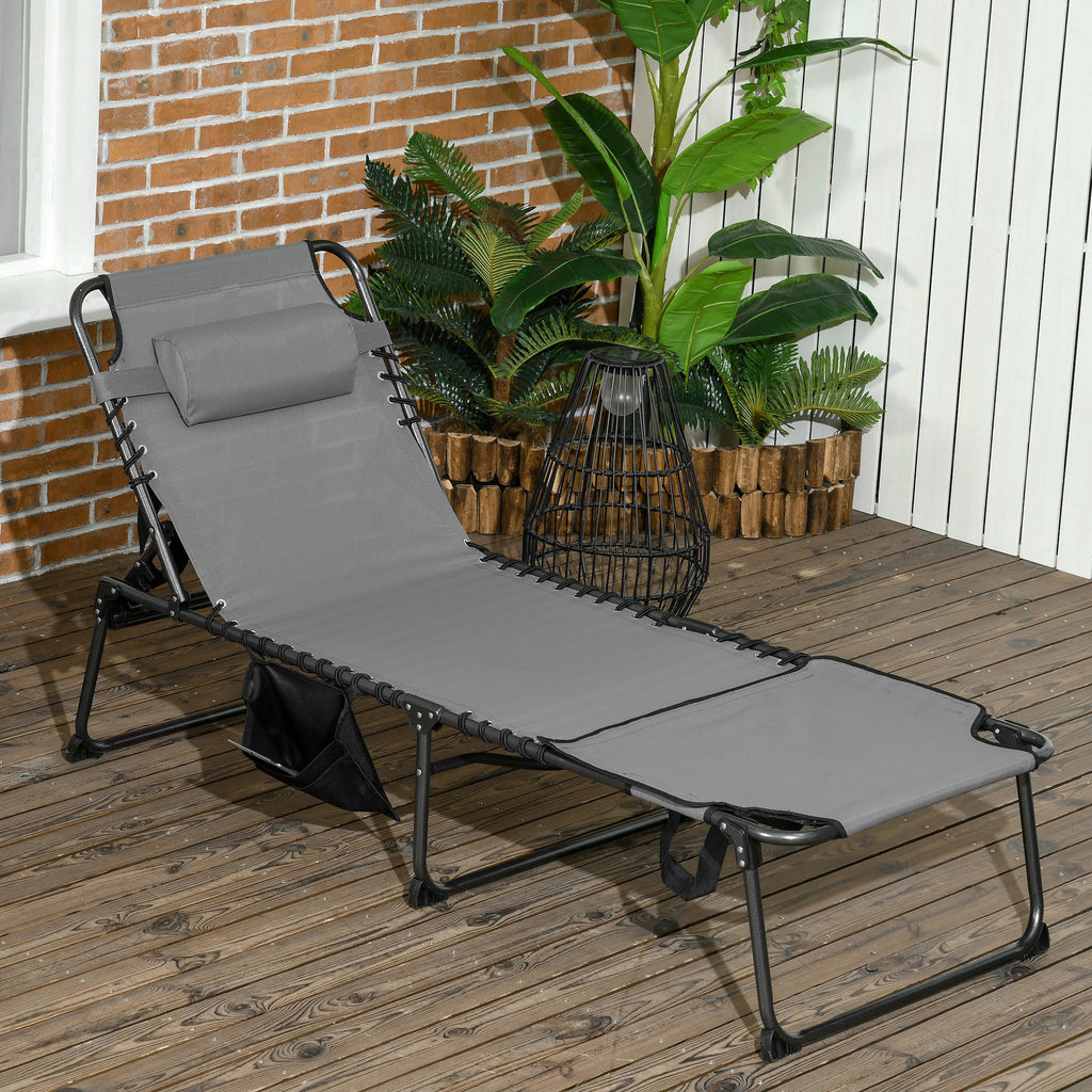 Leoglint Folding Chaise Lounge with 5-level Reclining Back, Outdoor Chair with Reading Face Hole, Outdoor Lounge Chair with Side Pocket & Headrest for Beach, Yard, Patio, Gray