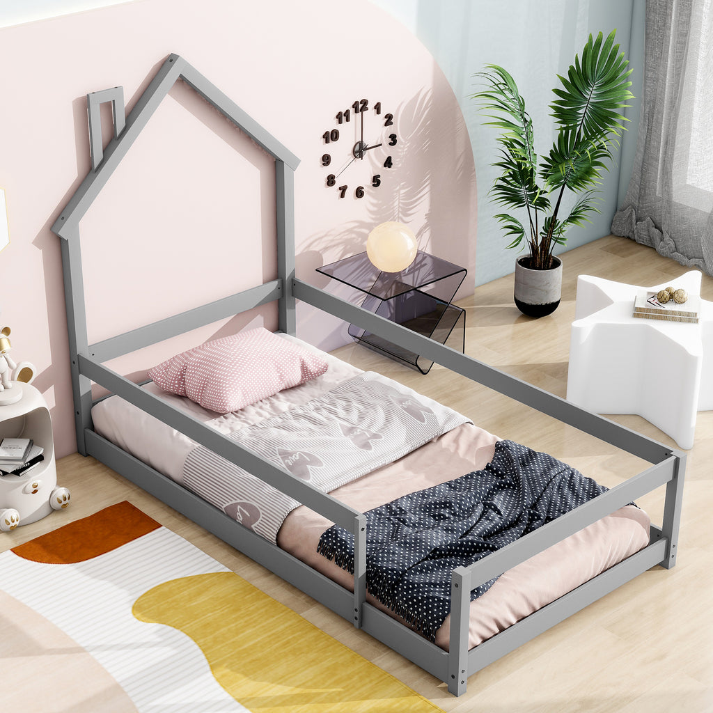 Twin Size Wood bed Frame with House-shaped Headboard Floor bed with Fences,Grey