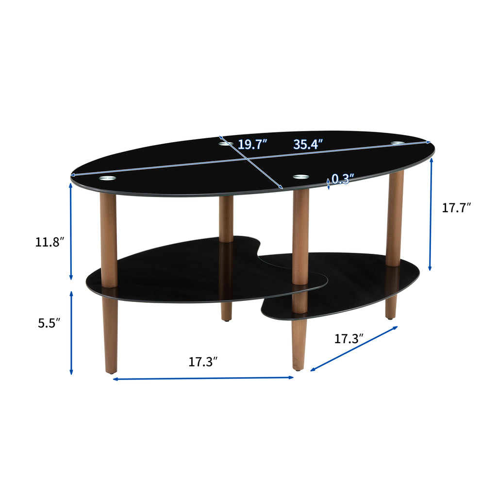 Leoglint Black Oval glass coffee table, modern table in living room Oak wood leg tea table 3-layer  tempered glass table