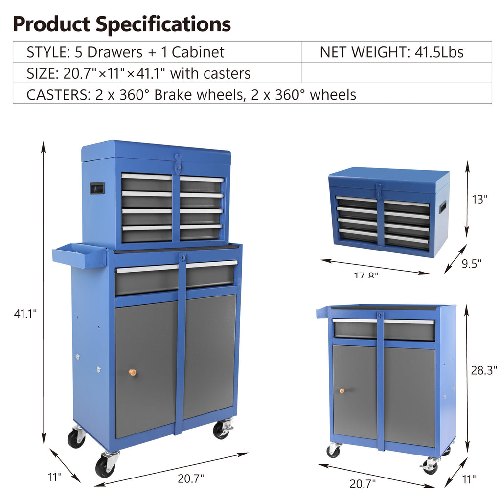 Leoglint Tool Chest, 5-Drawer Rolling Tool Storage Cabinet with Detachable Top Tool Box, Liner, Universal Lockable Wheels, Adjustable Shelf, Locking Mechanism, Metal Tool Cart for Garage Workshop