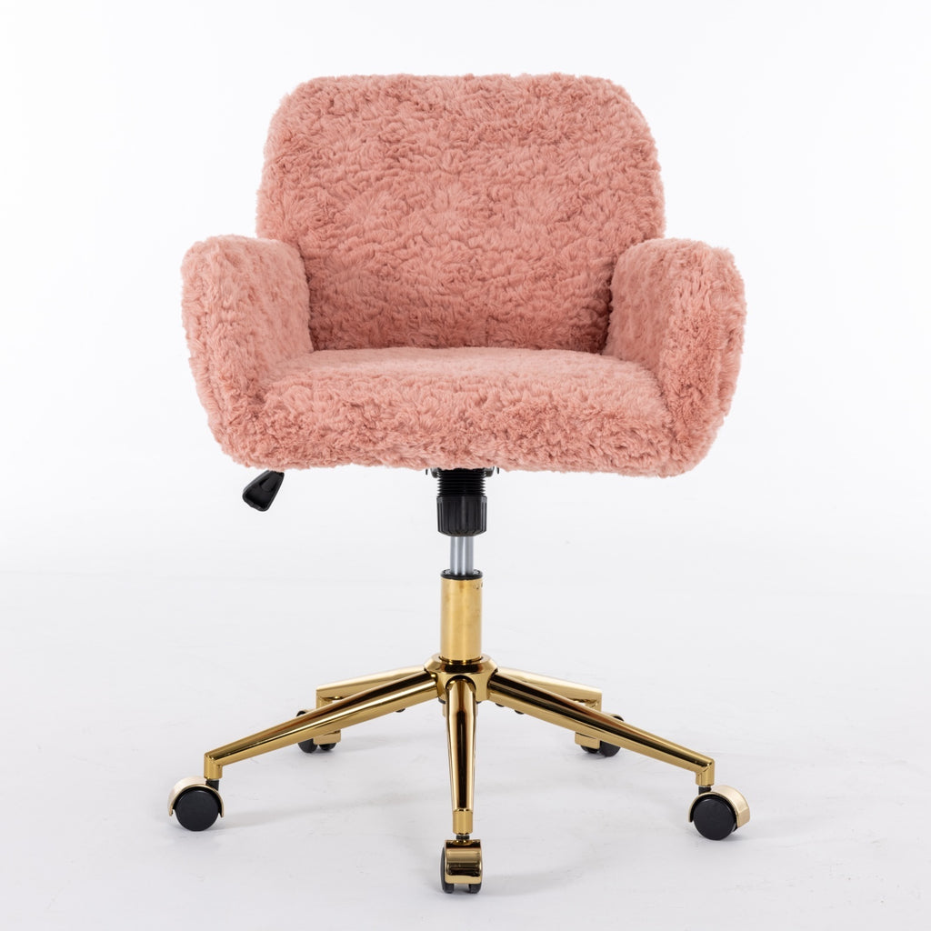 Leoglint A&A Furniture Office Chair,Artificial rabbit hair Home Office Chair with Golden Metal Base,Adjustable Desk Chair Swivel Office Chair,Vanity Chair(Pink)