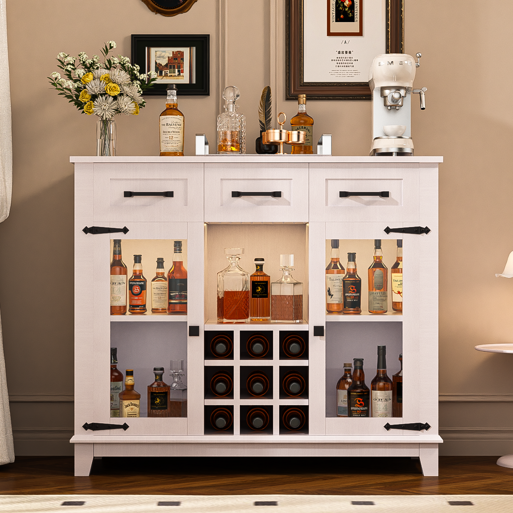 Leoglint 42" Modern Farmhouse Sideboard Buffet Coffee Bar Cabinet Storage Cabinet with LED Charging Station, Wine & Glass Rack,3 Drawers, for Kitchen, Dining Room, Living Room Antique White