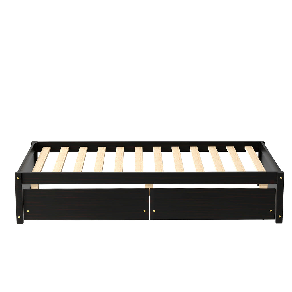 Twin Bed Frame with 2 Drawers, Solid Wood, No Box Spring Needed ,Espresso(Old SKU:W50441670)