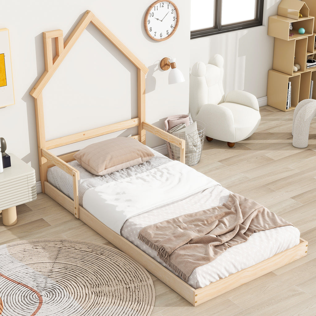 Leoglint Twin House-Shaped Headboard Floor Bed Frame with Handrails ,slats ,Natural