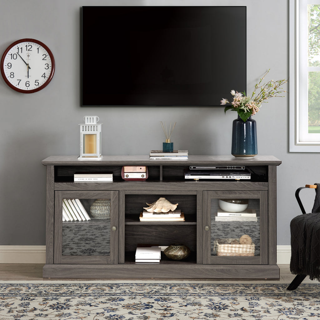 Leoglint Contemporary TV Stand Modern Entertainment Console for TV Up to 65" with Open and Closed Storage Space, Dark Walnut/Black, 60"W*15.75"D*29"H