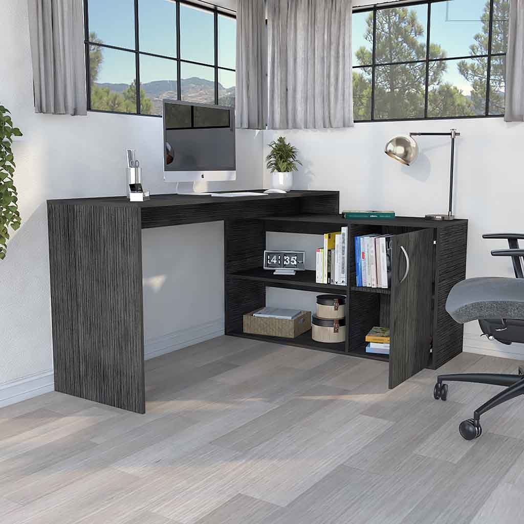 Leoglint Axis Modern L-Shaped Computer Office Desk with Open & Closed Storage -Smokey Oak