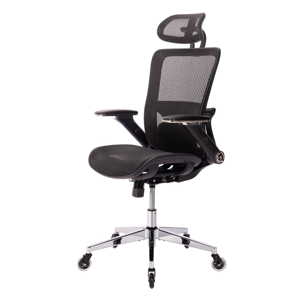 Leoglint BLACK Ergonomic Mesh Office Chair, High Back - Adjustable Headrest with Flip-Up Arms, Tilt and lock Function, Lumbar Support and blade Wheels, KD chrome metal legs