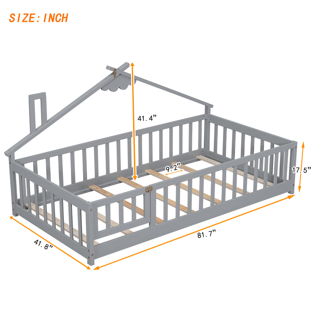 Twin House-Shaped Bedside Floor Bed Frame with Guardrails, Slats, with Door,Grey