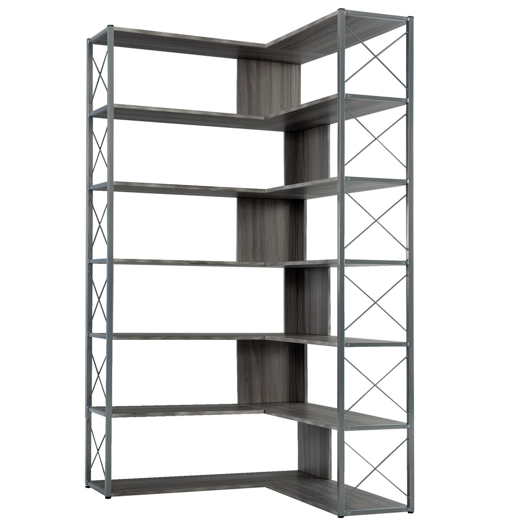 Leoglint Silver+Grey 7-Tier Bookcase Home Office Bookshelf,  L-Shaped Corner Bookcase with Metal Frame, Industrial Style Shelf with Open Storage, MDF Board