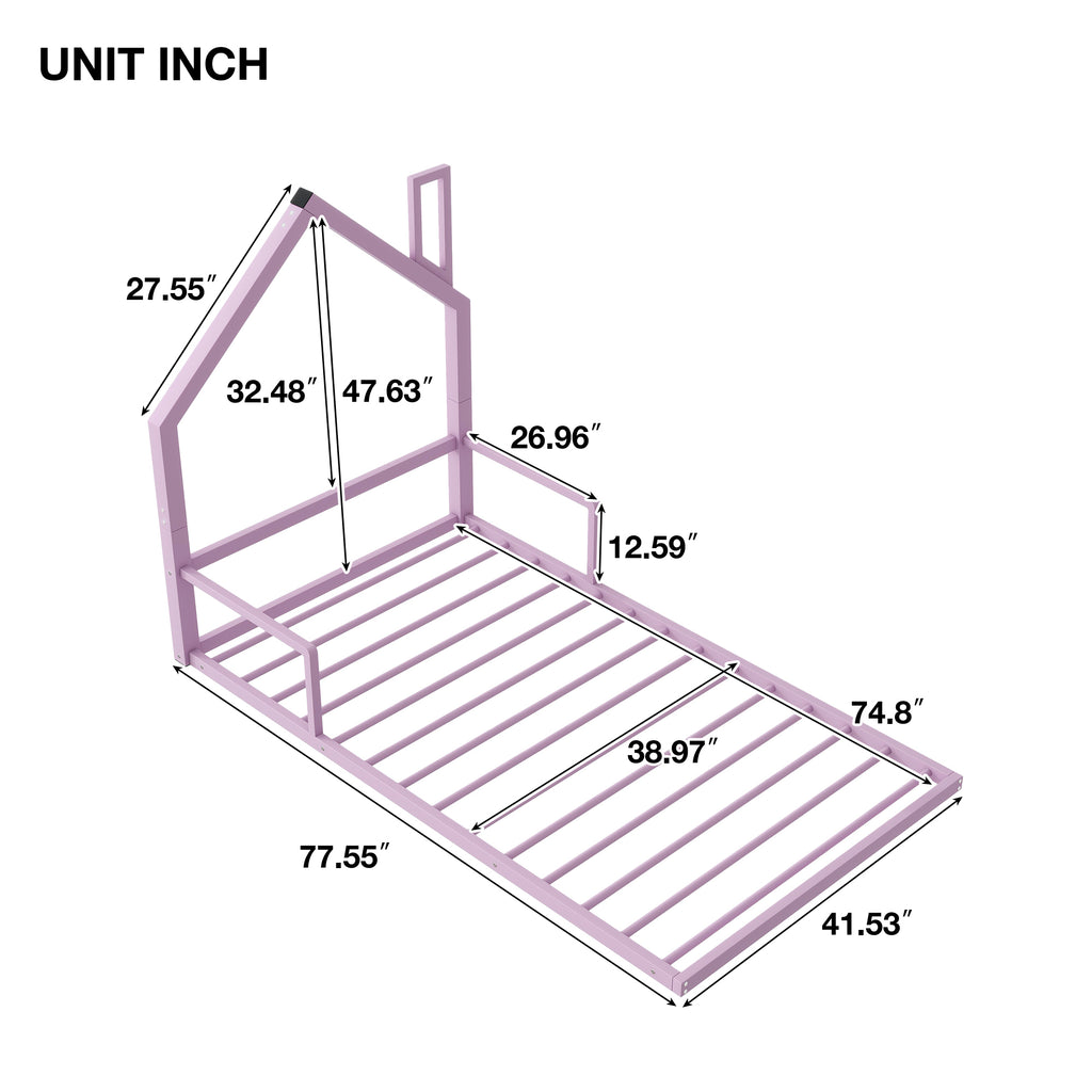 Leoglint Twin Size Metal Floor Bed  Frame with House-shaped Headboard, Pink