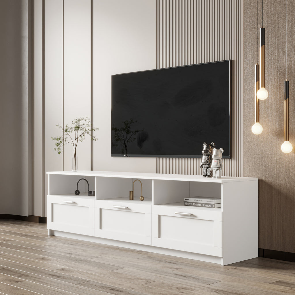 Leoglint White modern minimalist TV cabinet 80 inch TV stand, open locker Living Room Bedroom