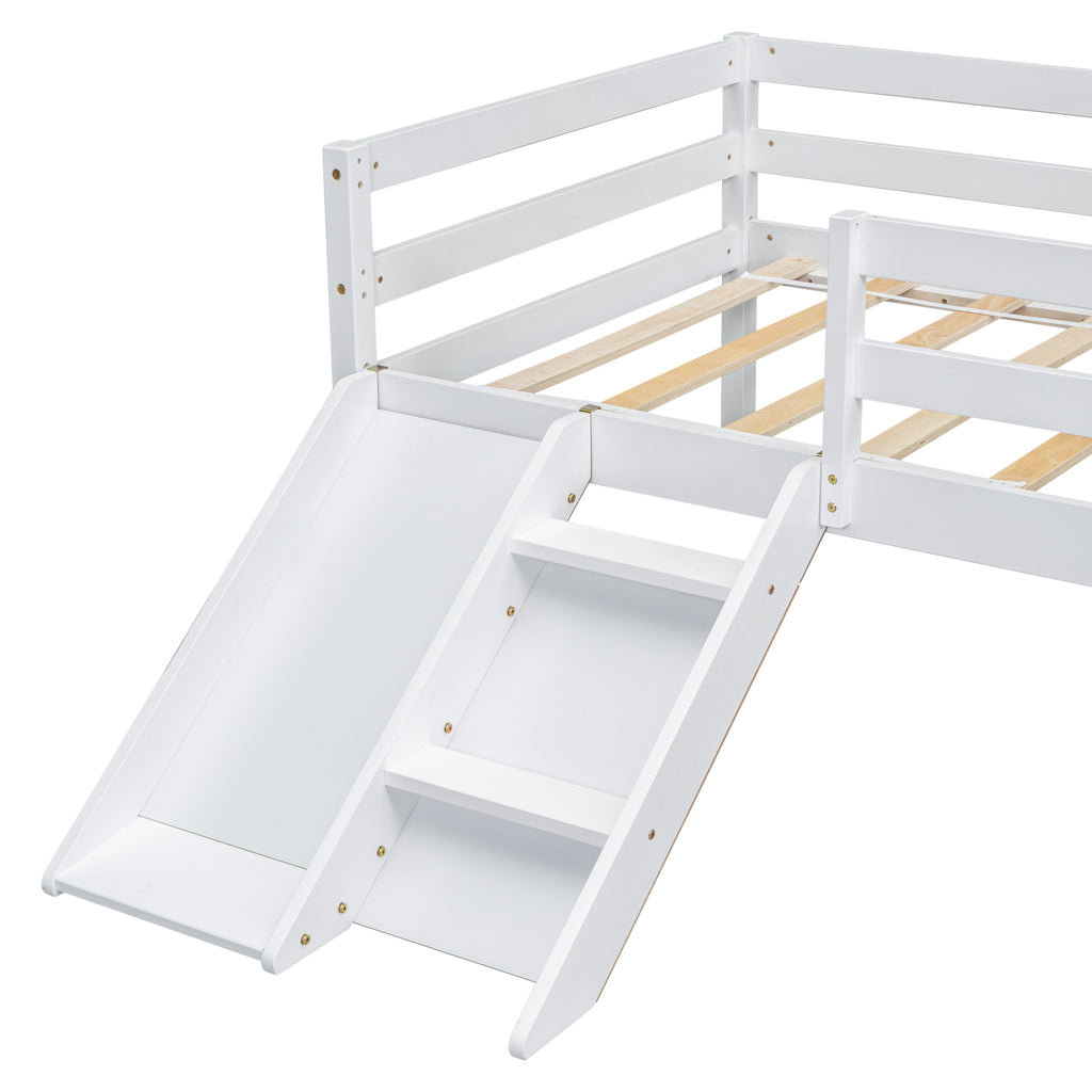 Twin Low Loft Bed Frame with Slide,  Ladder, Safety Guardrails, No Box Spring Needed,White