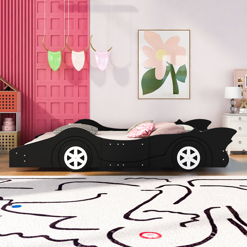 Leoglint Full Size Race Car-Shaped Platform Bed Frame with Wheels,Black