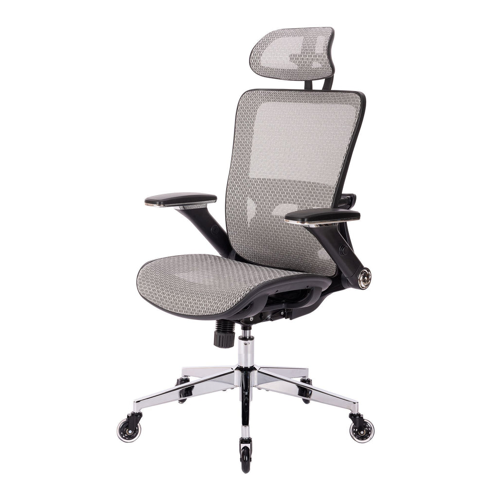 Leoglint GREY Ergonomic Mesh Office Chair, High Back - Adjustable Headrest with Flip-Up Arms, Tilt and lock Function, Lumbar Support and blade Wheels, KD chrome metal legs