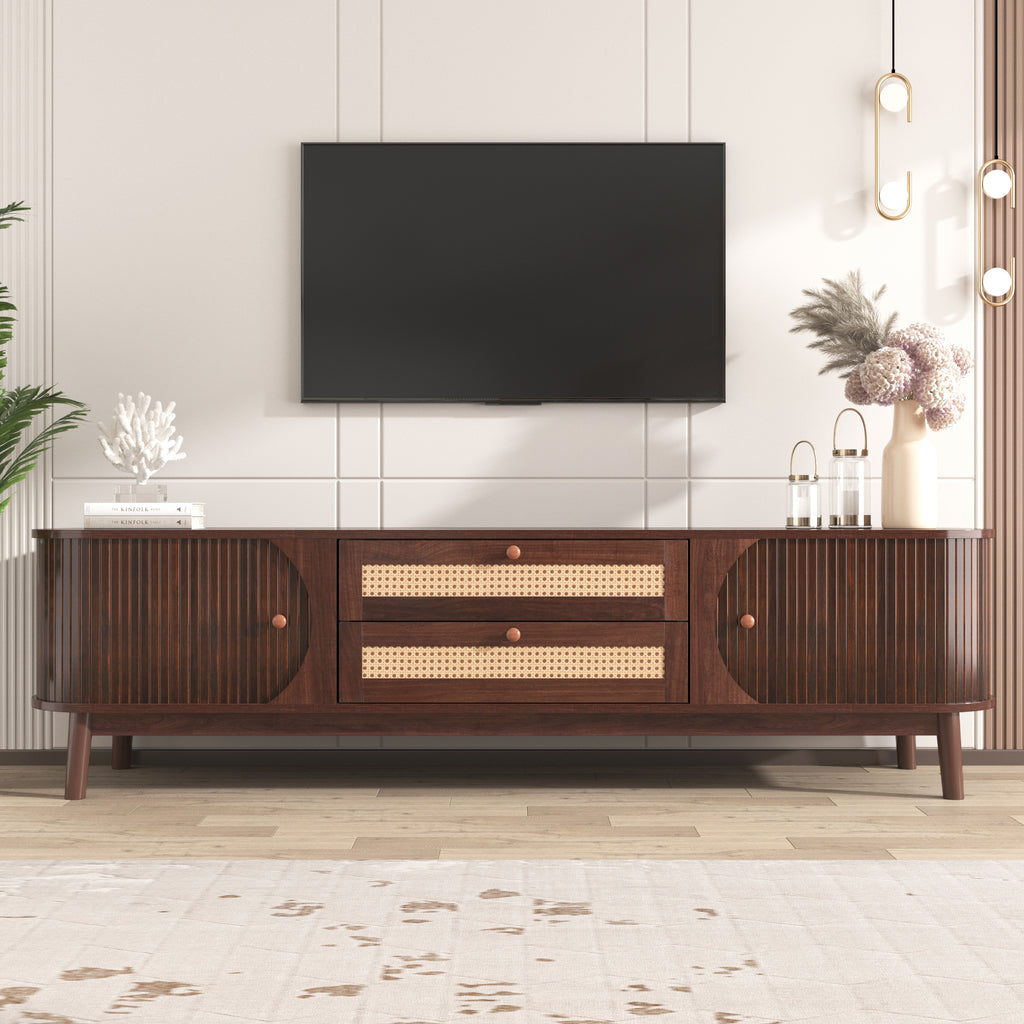 Leoglint Rattan TV Stand for TVs up to 75'', Modern Farmhouse Media Console, Entertainment Center with Solid Wood Legs, TV Cabinet for Living Room,Home Theatre