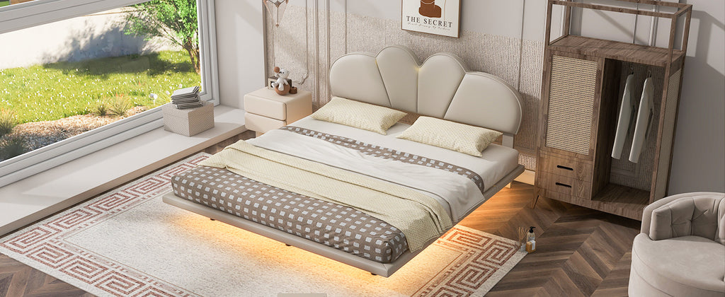 Queen Size Upholstery LED Floating Bed Frame with PU Leather Headboard and Support Legs,Beige