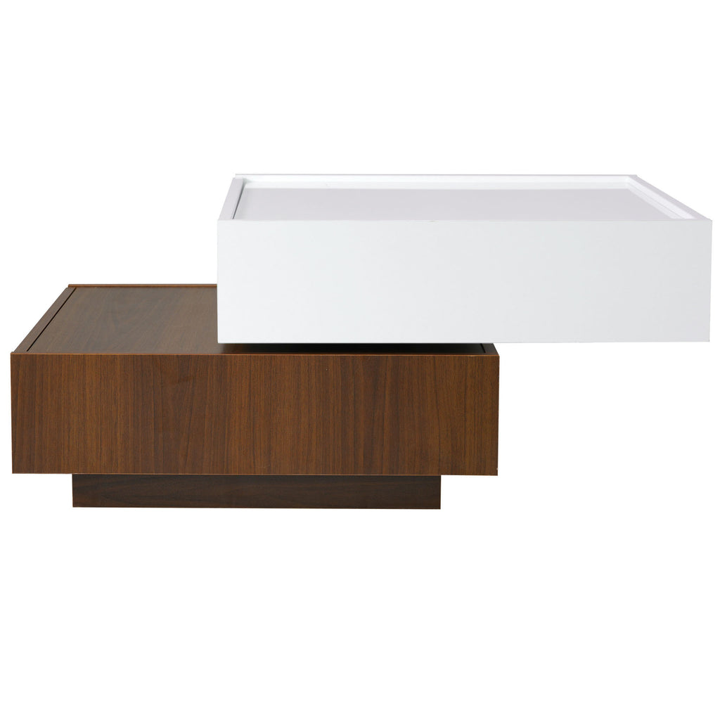 Leoglint [VIDEO provided] ON-TREND Square 360°Rotating Coffee Table with 2 Drawers, High Gloss 2-Tier Center Table with Swivel Tabletop and Storage, Walnut Table Frame Side Table for Living Room, White