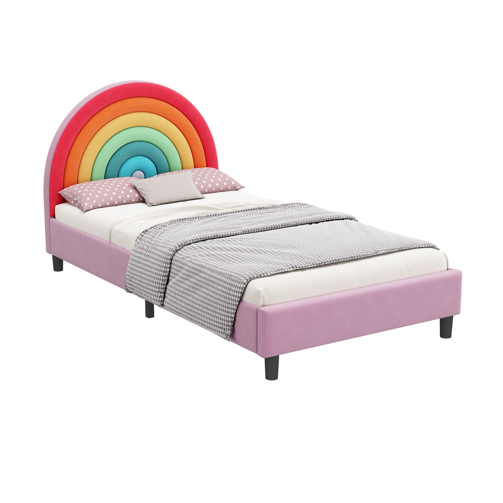 Rainbow Design Upholstered Twin Platform Bed Frame Cute Style Princess Bed for Boys & Girls, Teens, Colorful & Pink