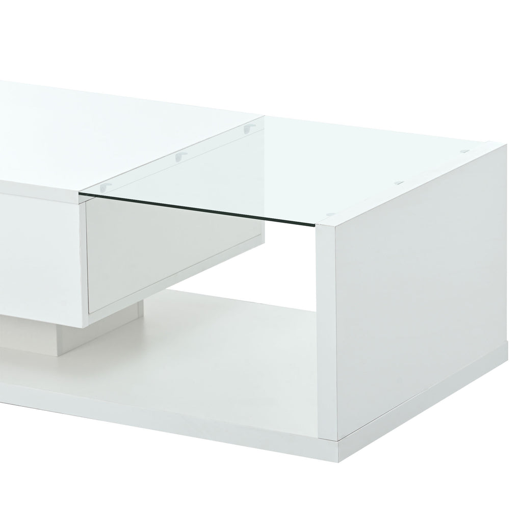 Leoglint [VIDEO provided] ON-TREND Modern Coffee Table with Tempered Glass, Wooden Cocktail Table with High-gloss UV Surface, Modernist 2-Tier Rectangle Center Table for Living Room, White