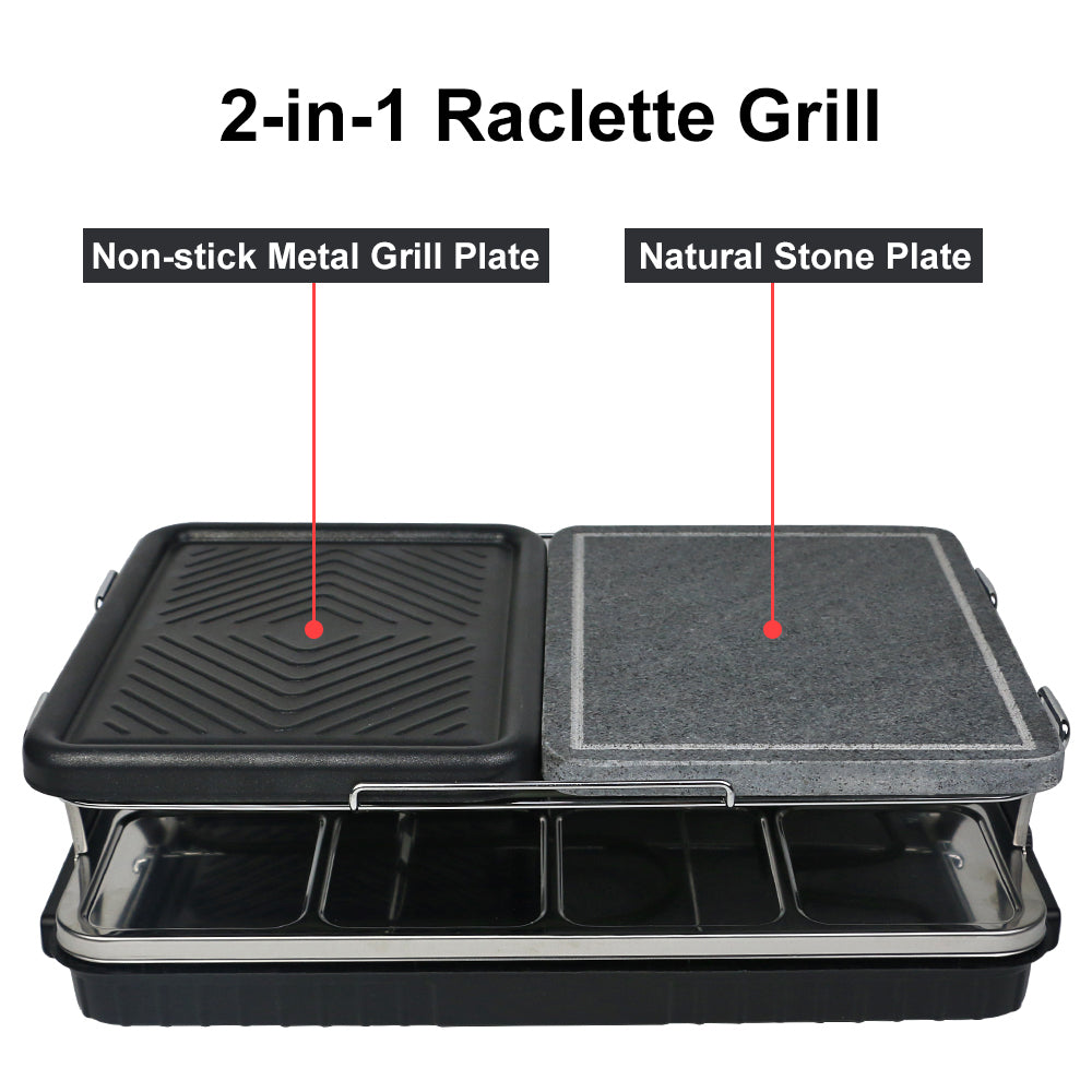 Leoglint Dual Raclette Table Grill w Non-Stick Grilling Plate & Cooking Stone- 8 Person Electric Tabletop Cooker for Korean BBQ- Melt Cheese, Cook Meat & Veggies at Once