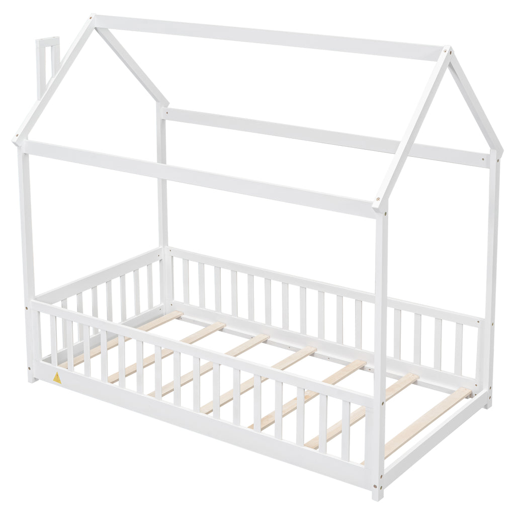 Twin House Bed Frame with Guardrails, Slats ,White