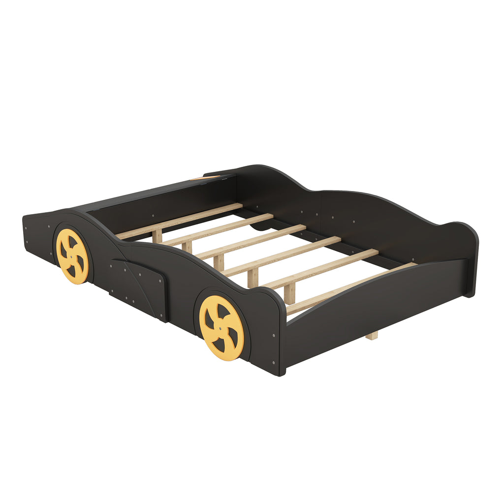 Leoglint Full Size Race Car-Shaped Platform Bed with Wheels and Storage, Black+Yellow