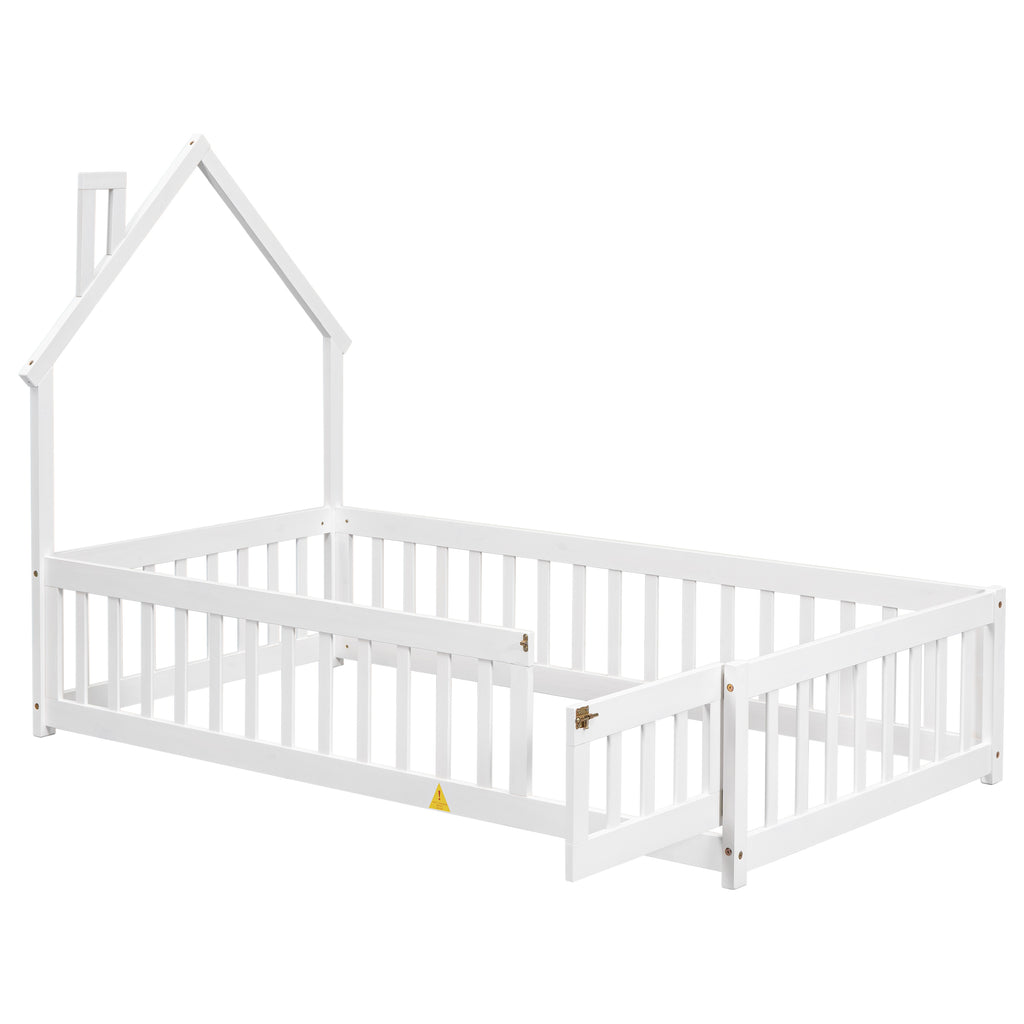 Twin House-Shaped Headboard Floor Bed Frame with Fence,White