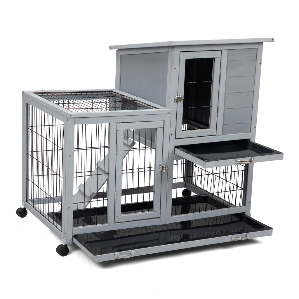 Leoglint Detachable Rabbit Hutch with Removable Tray and Rolling Casters, Gray+White