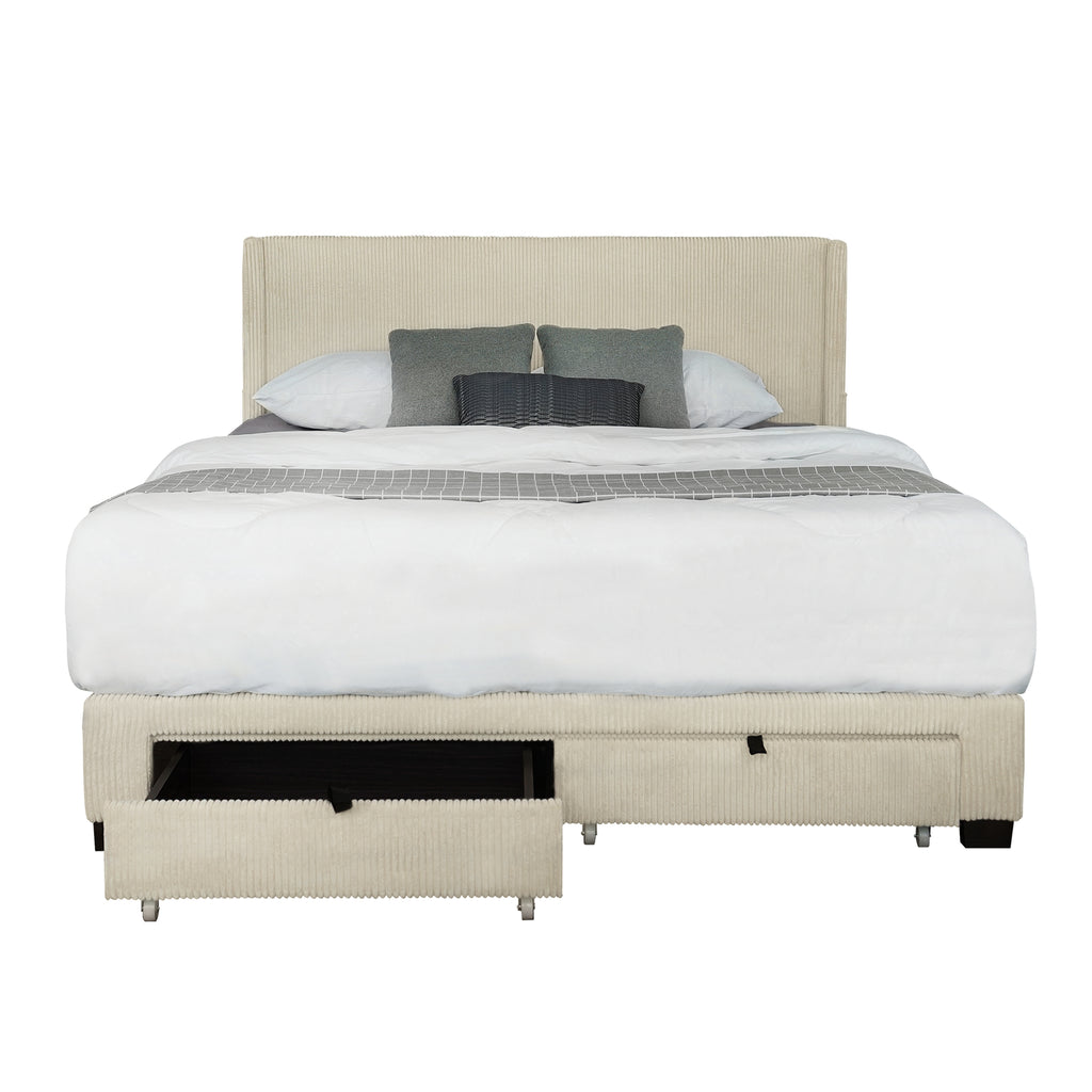 Leoglint Bed Frame CORDUROY VELVET QUEEN FOOTBOARD DRAWER STORAGE UPHOLSTERED WINGBACK BED NO BOX SPRING REQUIRE BEIGE WHITE