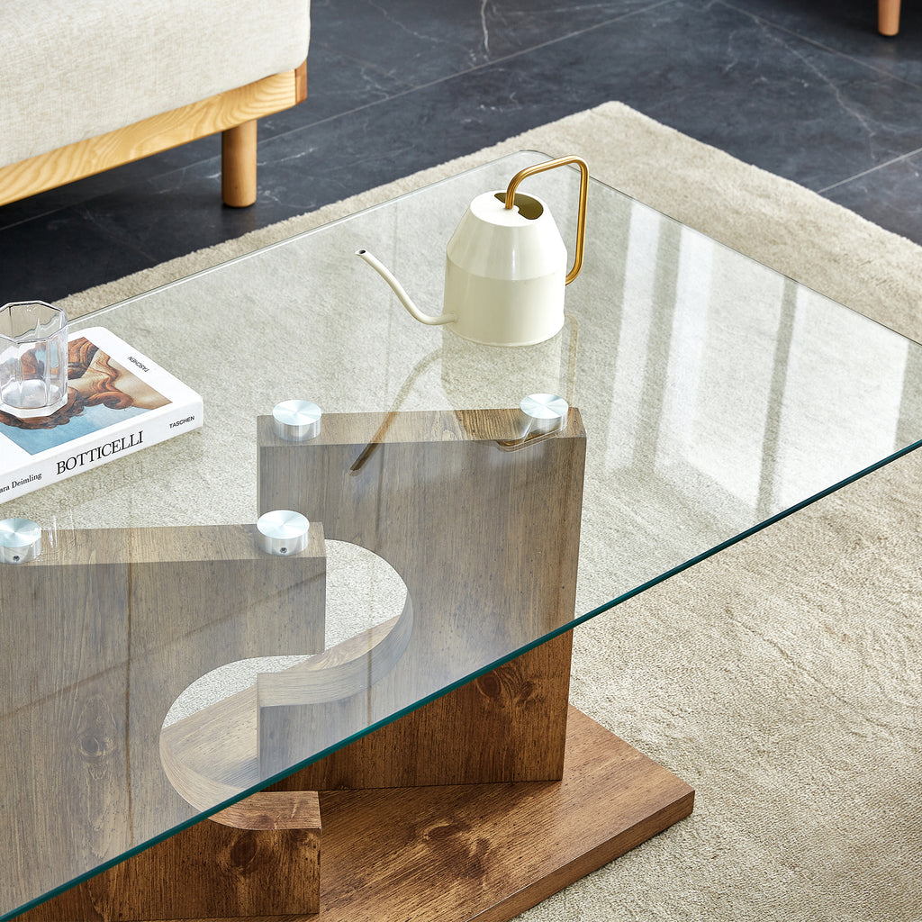 Leoglint A rectangular modern and fashionable coffee table with tempered glass tabletop and wooden color MDF legs. Suitable for living room.47.2"*25.5"*18"