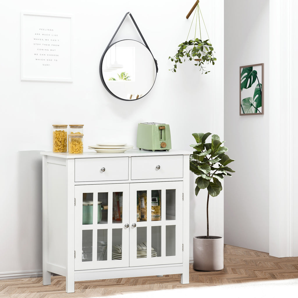 Leoglint Sideboard Buffet Cabinet, Kitchen Cabinet with 2 Drawers and Glass Doors, Accent Cabinet for Living Room, White