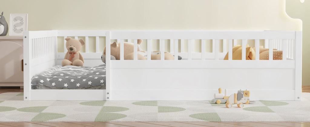 Leoglint Full Floor Bed Frame with Fence, Wood Kids Floor Beds Frame for Bedroom Playroom,White(Expect arrive date Jul. 10th)