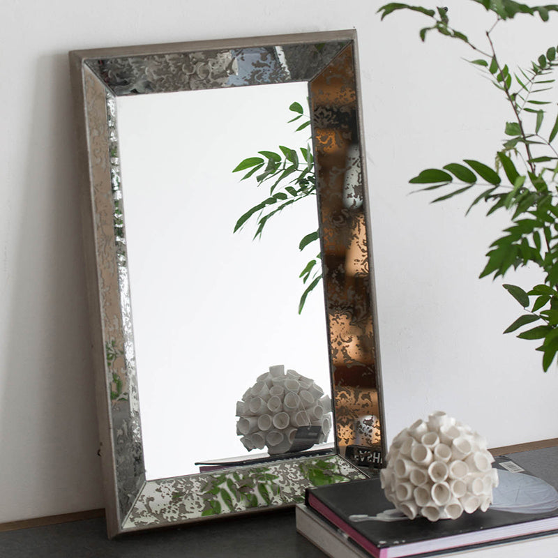 Leoglint 24" x 15" Antique Silver Rectangle Mirror with Floral Accents, Mirrored Display Tray, Hanging Wall Mirror